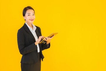 Portrait beautiful young asian woman happy smile with tablets