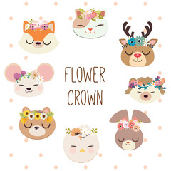 The collection of cute animal with flower crown. The cute cat deer hedgehog rabbit bird squirrel mouse fox with the flower crown in flat vector style on the white backgrounsd and polka dot