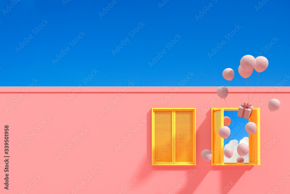 Fototapete Minimal abstract building with yellow window and floating balloons on blue sky background, Architectural design with shade and shadow on pink texture. 3D rendering.