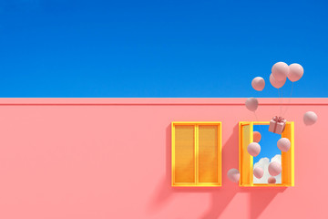 Minimal abstract building with yellow window and floating balloons on blue sky background, Architectural design with shade and shadow on pink texture. 3D rendering.