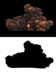 Explosion on the black background with alpha matte. Fire and dark smoke. Still frame 001. You can remove background.