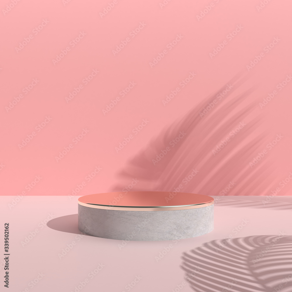Poster minimal abstract scene with round podium, gold and concrete texture on pink background, architectura