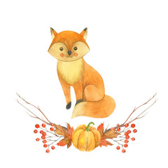 Cute cartoon watercolor forest animal. Fox family. Hand painted lovely baby fox illustration perfect for print and card making. Woodland wild orange fox