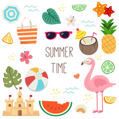 The collection of summer time set. The cute flamingo pineapple coconut juice totoe bag sunglasses starfish lemon beach ball sand castle and umbrella in flat vector style.