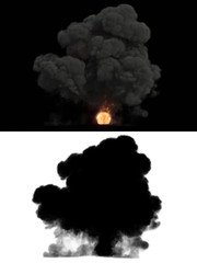 Explosion on the black background with alpha matte. Fire and dark smoke. Still frame 003. You can remove background.