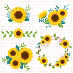 The collection of cute sunflower in the boquet and set on the white background. The pattern of cute sunflower on the white background. The cute sunflower in flat vector style.