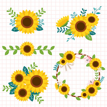 The Collection Of Cute Sunflower In The Boquet And Set On The White Background. The Pattern Of Cute Sunflower On The White Background. The Cute Sunflower In Flat Vector Style.