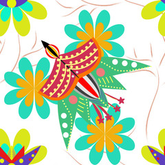 Bird and flower folk repeat pattern