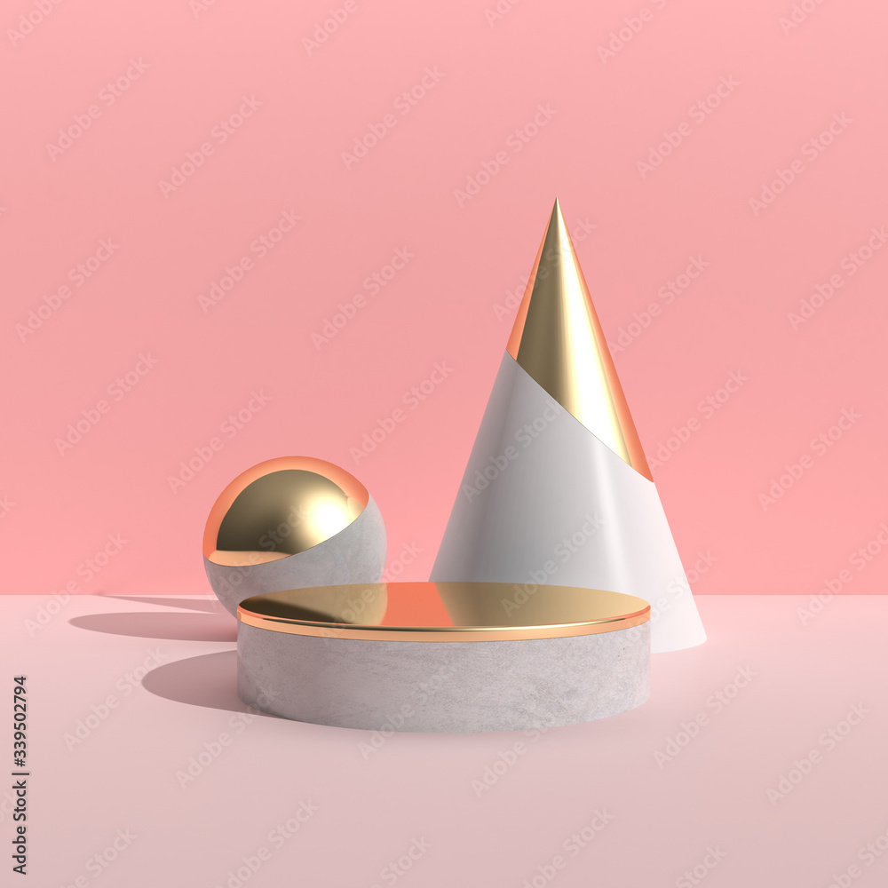 Poster Minimal abstract scene with geometry object and round podium, gold texture on pink background, Architectural design with shade and shadow . 3D rendering.