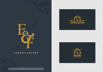 EF logo initial vector mark. Gold color elegant classical symmetric curves decor.