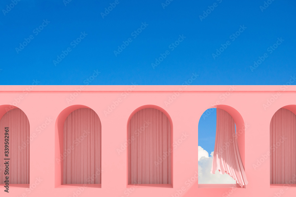 Aufkleber minimal abstract building with arch window and flow curtain on blue sky background, architectural de