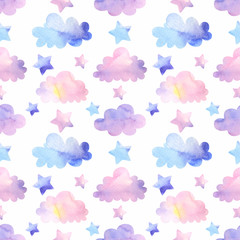 Cute seamless pattern with pink and blue clouds and stars Isolated on white watercolor rainbow and clouds for textile, fabric 