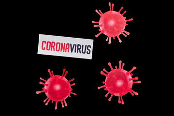 top view of paper with coronavirus lettering near drawn virus isolated on black