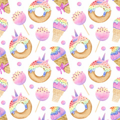 Seamless pattern with watercolor hand painted unicorn rainbow sweet and tasty cakes, donuts, cupcakes. Hand painted dessert background perfect for textile or baby nursery design.