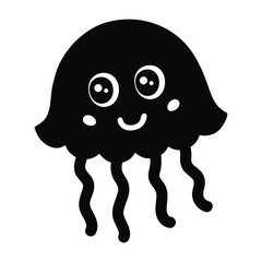 Hand-drawn cartoon jellyfish isolated on a white background. Black and white sea animal in a primitive style, print for babies.
