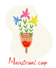Menstrual cup with flowers and leaves. Eco protection for woman in critical days.