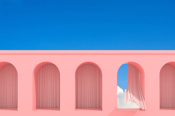 Minimal abstract building with arch window and flow curtain on blue sky background, Architectural design with shade and shadow on pink texture. 3D rendering. - obrazy, fototapety, plakaty
