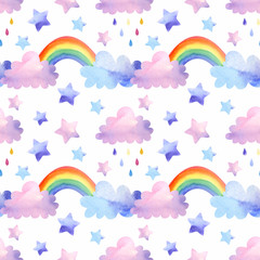 Cute seamless pattern with rainbow and pink and blue clouds with rain drops. Isolated on white watercolor rainbow and clouds for textile, fabric 