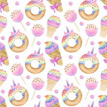 Seamless pattern with watercolor hand painted unicorn rainbow sweet and tasty cakes, donuts, cupcakes. Hand painted dessert background perfect for textile or baby nursery design.