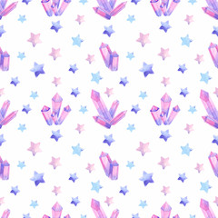 Cute seamless pattern with stars and pink and blue  crystals isolated on white watercolor rainbow and clouds for textile, fabric 