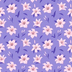 Hand-drawn botanical flowers. Pink lilies flowers. Vector floral seamless pattern on a  purple background.