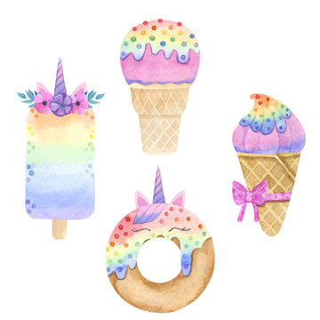 Watercolor hand painted unicorn sweet cupcake, donuts, cakes, ice cream. Rainbow sweets and desserts. Bakery delicious dessert isolated objects perfect for scrap booking.