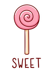 Cute kawaii hand drawn candy doodles, lettering sweet, isolated on white background, print