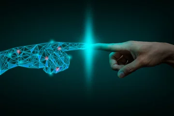 Foto op Plexiglas a human hand touching with digital hand, digital transformation  concept © patiwat