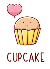Cute kawaii hand drawn cupcake doodles, lettering cupcake, isolated on white background, print