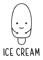 Coloring pages, black and white cute kawaii hand drawn ice cream doodles, lettering ice cream, print
