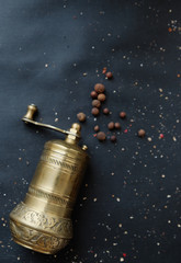 Handmade vintage brass spice mill with a beautiful pattern on a dark background. Place for your...