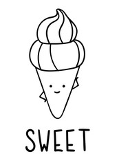 Coloring pages, black and white cute kawaii hand drawn ice cream doodles, lettering sweet, print