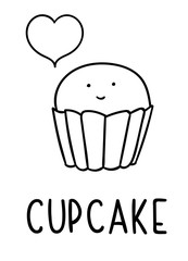 Coloring pages, black and white cute kawaii hand drawn cupcake doodles, lettering cupcake, print