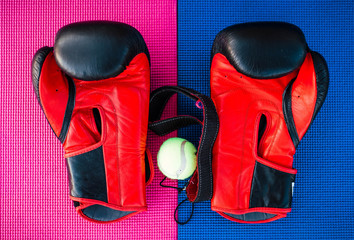 Sport. Time for sports. Background on which lies a tennis ball, glove, bottle, kappa. Pink and blue background.