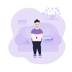 Asian boy in medical mask studies from home sitting with laptop on sofa. Books notebook pensil nearby. Online education concept. Young student.Light violet interior. Flat isolated vector illustration