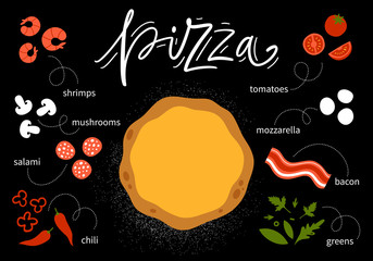 Italian Pizza vector illustration. Create your own pizza. Pizza base and ingredients. Flat design.