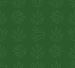Aloe vera background, agave plant seamless pattern. Succulent wallpaper with line icons of aloevera leaves. Herbal medicine vector illustration green color