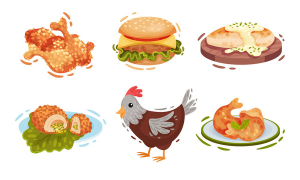 Chicken Food and Snacks with Deep Fried Legs and Cheeseburger Vector Set
