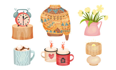 Warm and Cozy Home Things Like Woolen Socks and Knitted Sweater Vector Set