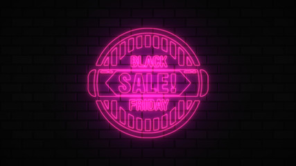 Fototapeta na wymiar Black Friday sale off neon sign fluorescent light glowing on banner background, sale off by neon lights signboard at night. The best stock of Black Friday pink neon bright color on brick background