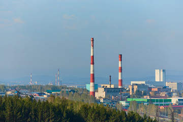 Fototapeta na wymiar View of industrial enterprises located in the city of Miass, Chelyabinsk region, in the southern Urals.