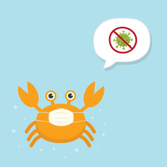 Cute Crab Cartoon Charactor wearing medical mask on sky blue background. Coronavirus (COVID-19) Vector Illustration.  Kawaii Crab .