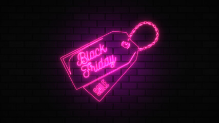 Black Friday sale off neon sign fluorescent light glowing on banner background, sale off by neon lights signboard at night. The best stock of Black Friday pink neon bright color on brick background