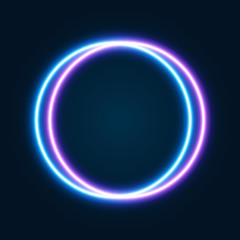 Neon sign on dark background, blue and pink round frame, vector illustration.