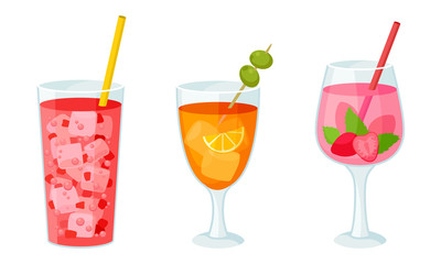 Cool Cocktails with Ice Cubes and Berries Poured in Drinking Glass Vector Set