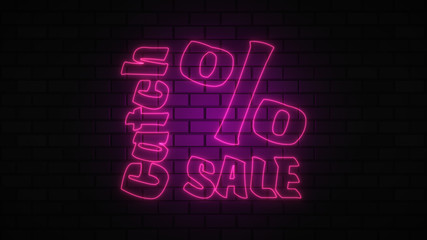 Black Friday sale off neon sign fluorescent light glowing on banner background, sale off by neon lights signboard at night. The best stock of Black Friday pink neon bright color on brick background