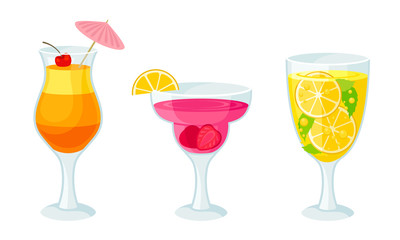 Cool Cocktails Poured in Drinking Glass with Umbrella and Straw Vector Set