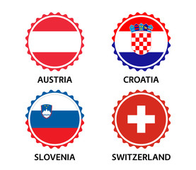Set of four Austrian, Croatian, Slovenian and Swiss stickers. Made in Austria, Made in Croatia, Made in Slovenia and Made in Switzerland. Simple icons with flags isolated on a white background