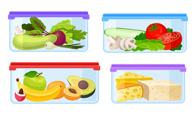 Fresh Food Stored in Glass Transparent Containers with Closed Plastic Lid Vector Set