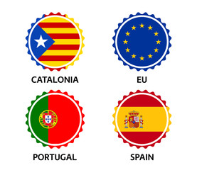 Set of four Catalonia, European Union, Portuguese and Spanish stickers. Made in Catalonia, Made in European Union, Made in Portugal and Made in Spain. Simple icons with flags